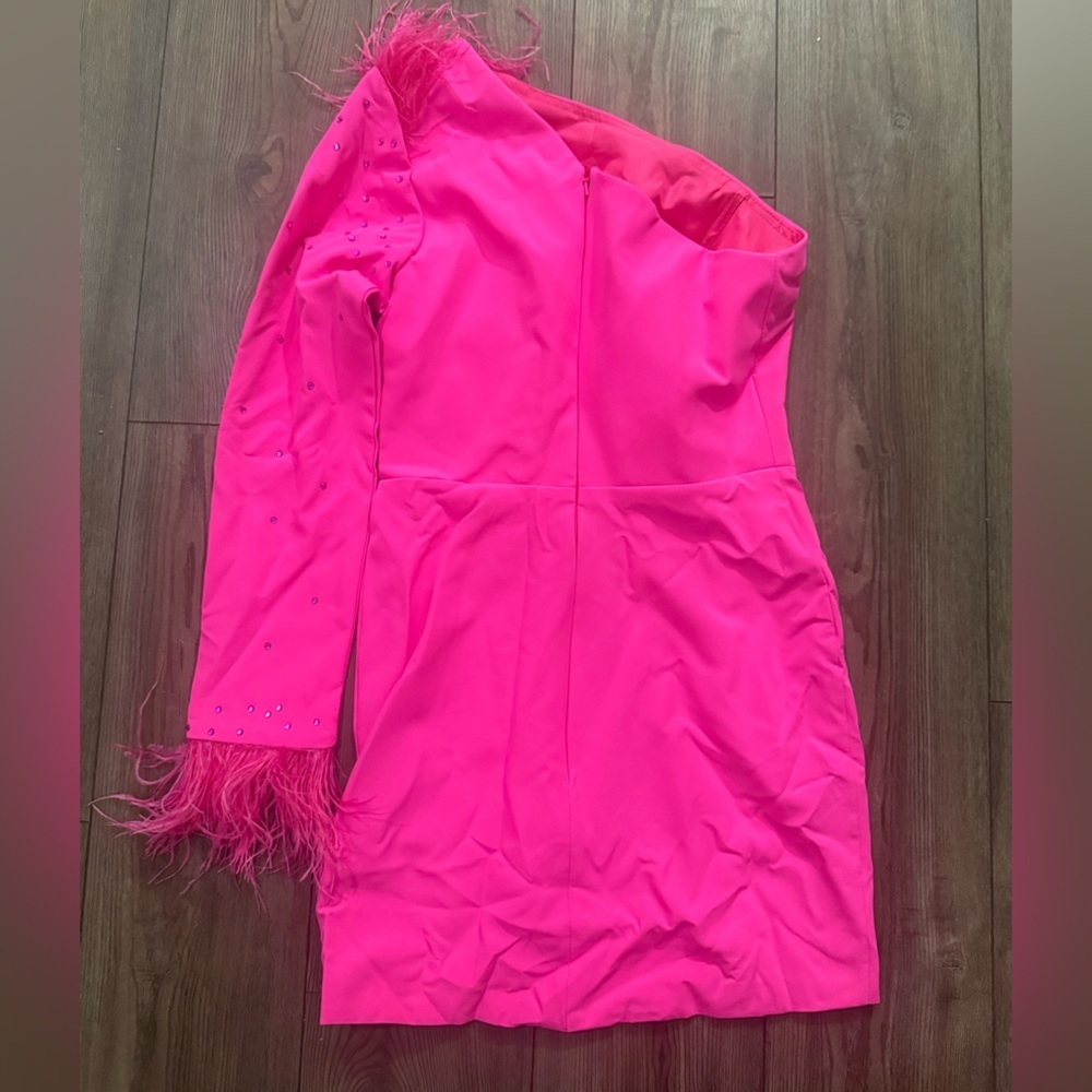 Hot Pink One Shoulder Feather Cuff Rhinestone Sleeve Mini Dress Size 6 - Picture 2 of 3
